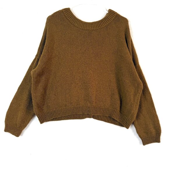 JOA Angora Blend Back Button Relaxed Crew Boxy Cropped Sweater S Green Brown - Picture 1 of 6